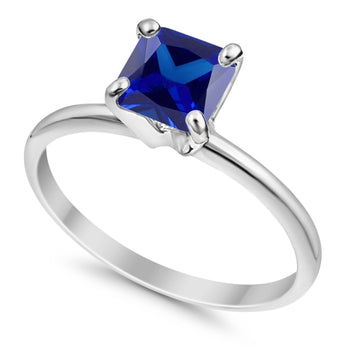 Solitaire Wedding Ring Princess Cut Simulated Blue Sapphire CZ 925 Sterling Silver